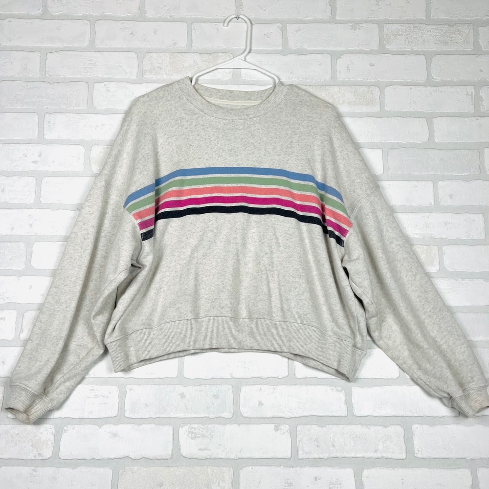 American Eagle Heather Gray Multi Color Stripe Cropped Sweatshirt Pullover XS